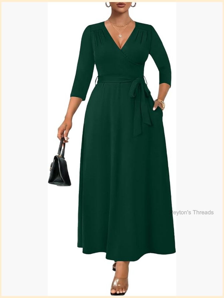 Curvy Wrap Maxi Dress With Pockets 3/4 Sleeve V-Neck Tie Waist